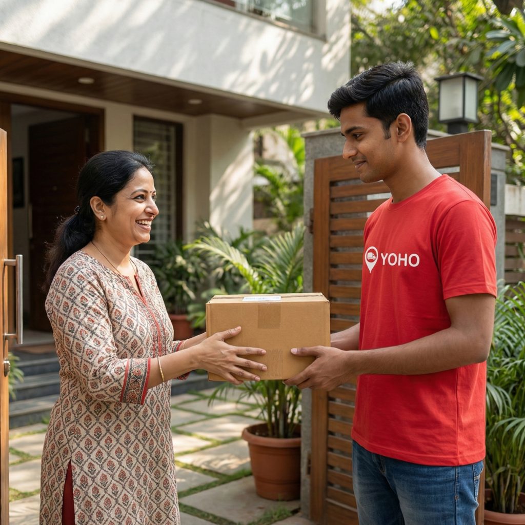 A YOHO delivery partner handing over a parcel at a customer's doorstep
